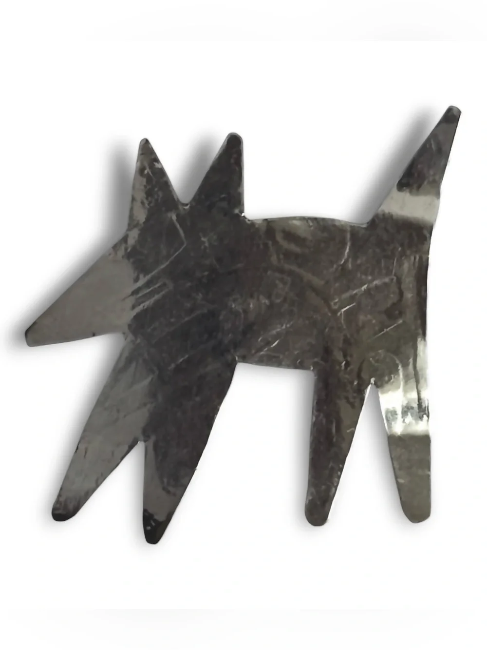 VTG Brutalist Primitive Dog Wolf Brooch Pin Silver Tone Abstract Folk Art Retro